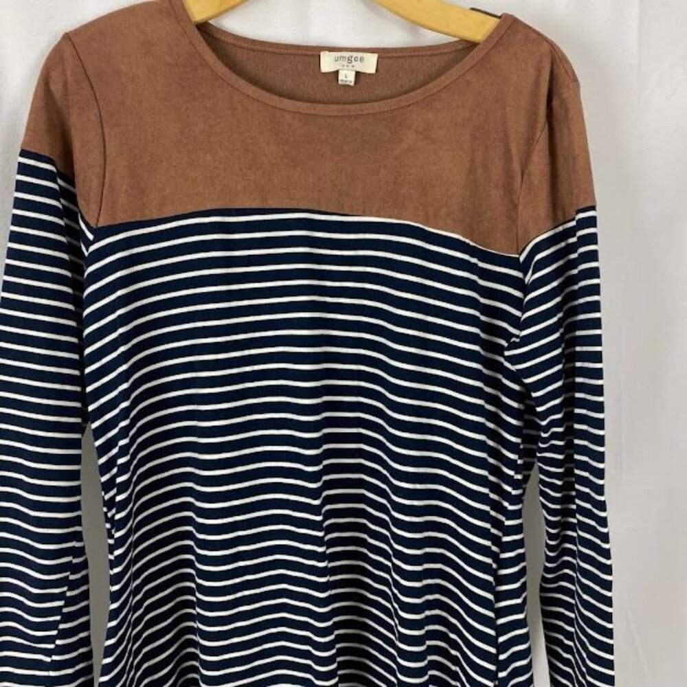 Umgee Preppy Striped Long Sleeve Suede Accent Knee Length T-Shirt Dress Sz Med. - Picture 5 of 16